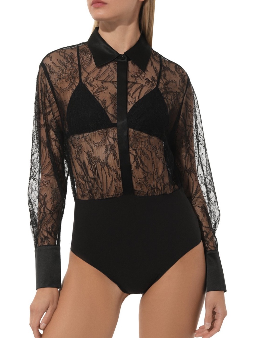 Livy Sheer Black Lace Button-Front Bodysuit size S